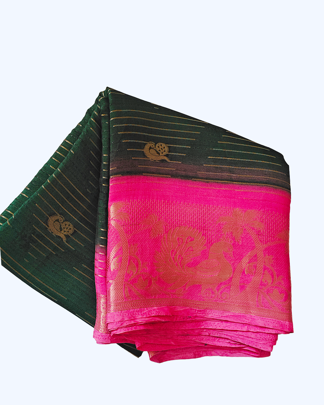 Mysore Crepe Exclusive Fancy Saree – Green with Pink Peacock Border & Floral Pallu