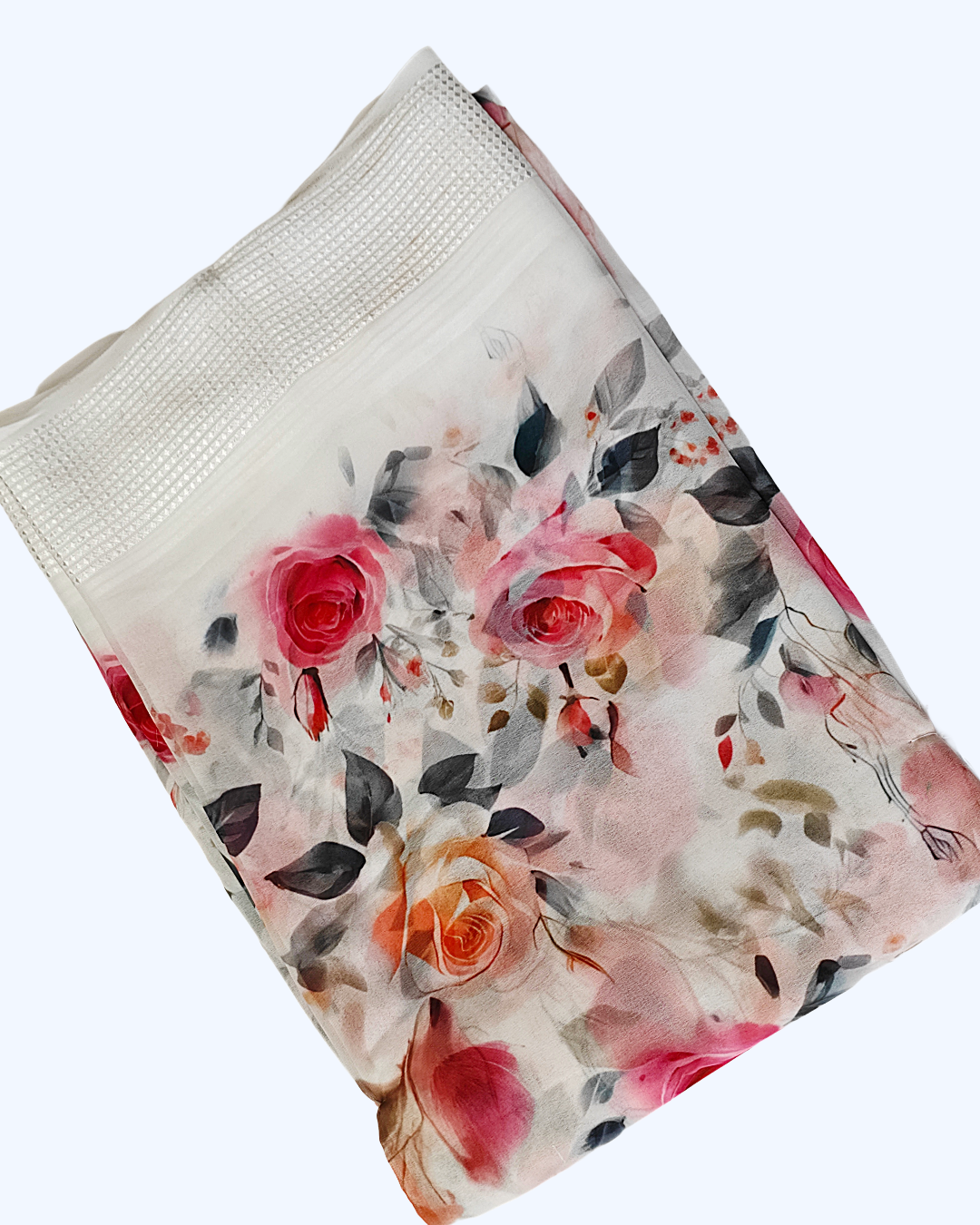 Exclusive Fancy Saree – Pushpa Floral Design with Single Border & Rose Pallu (White & Pink)