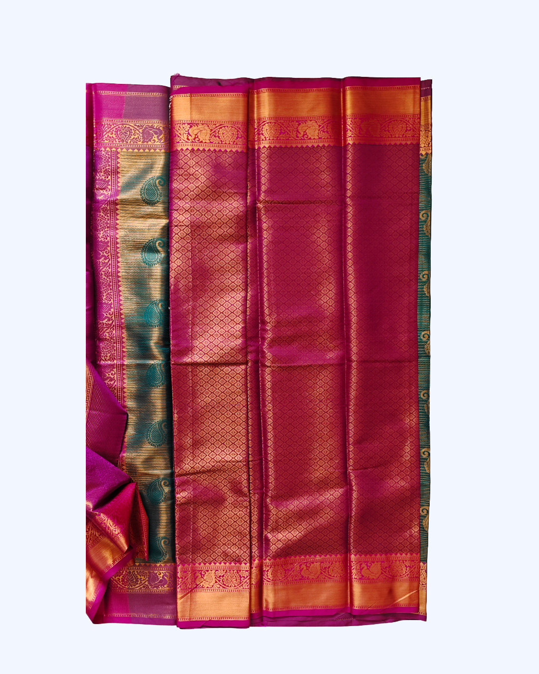 Half Kanchi Exclusive Saree – Bottle Green with Gold Peacock Border
