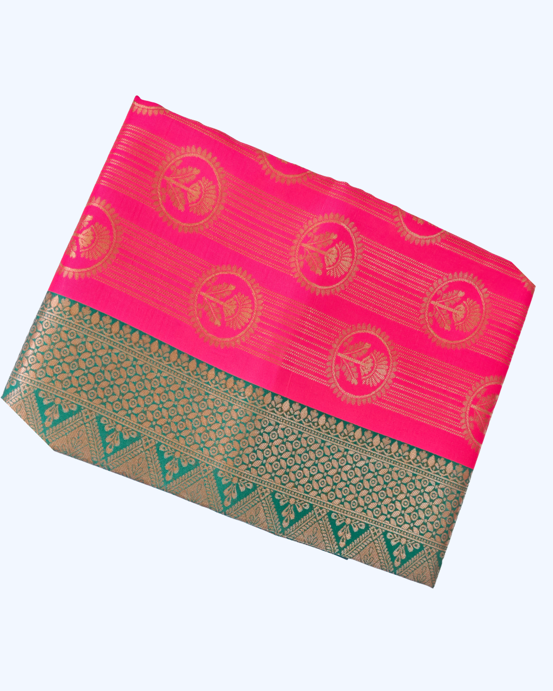 Designer Fancy Saree – Pink with Green Double Zari Border & Green Blouse
