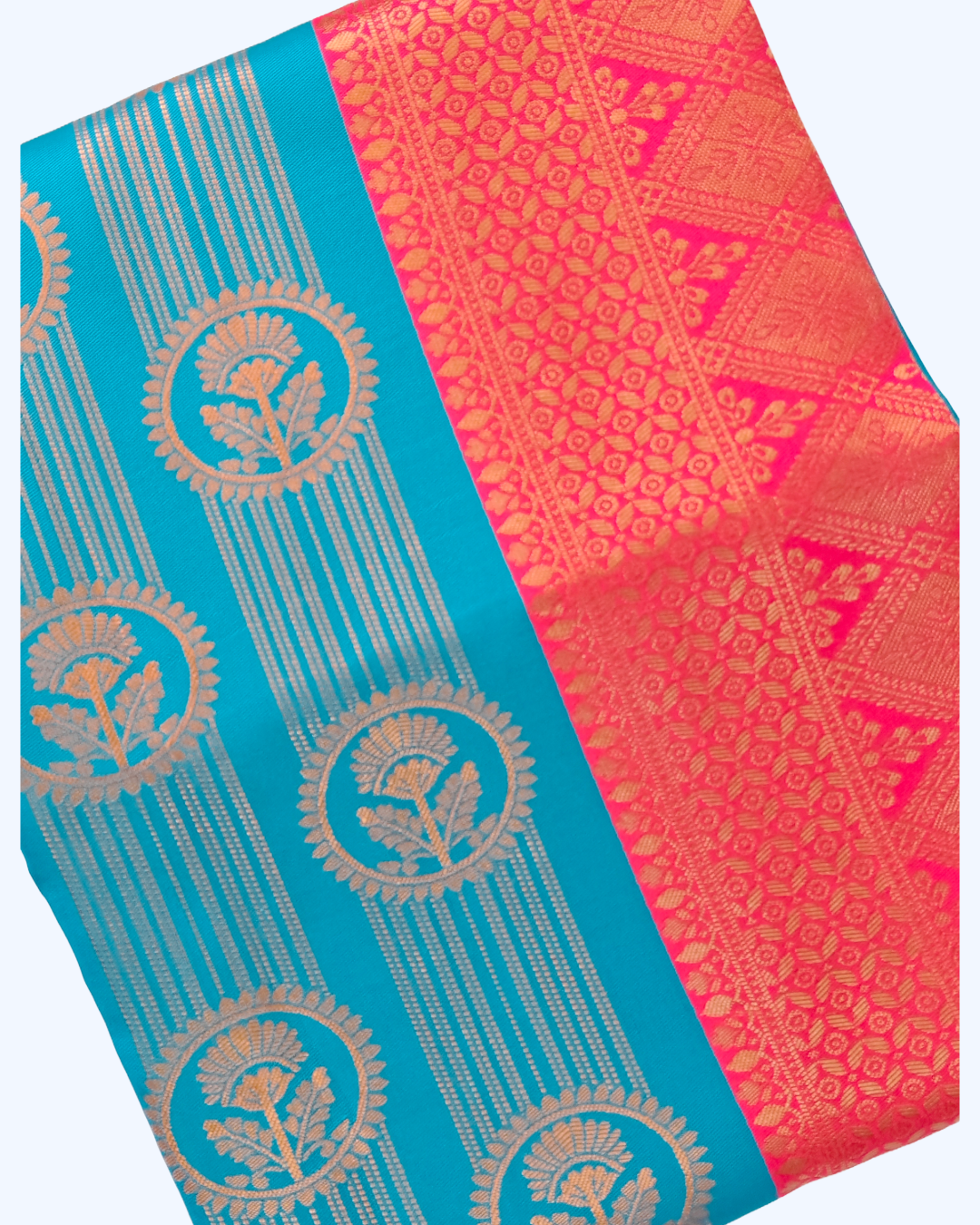 Designer Fancy Saree – Pink with Royal Blue Floral Border & Diamond Pattern