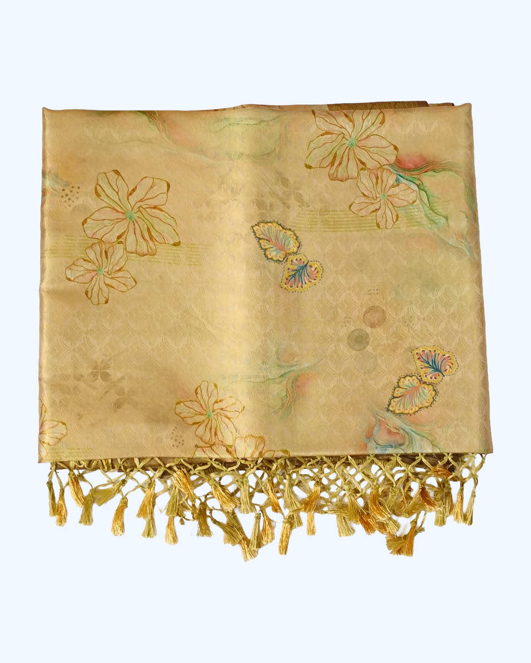 Designer Floral Silk Saree – Light Golden Tan with Butterfly Pattern & Diamond Pallu