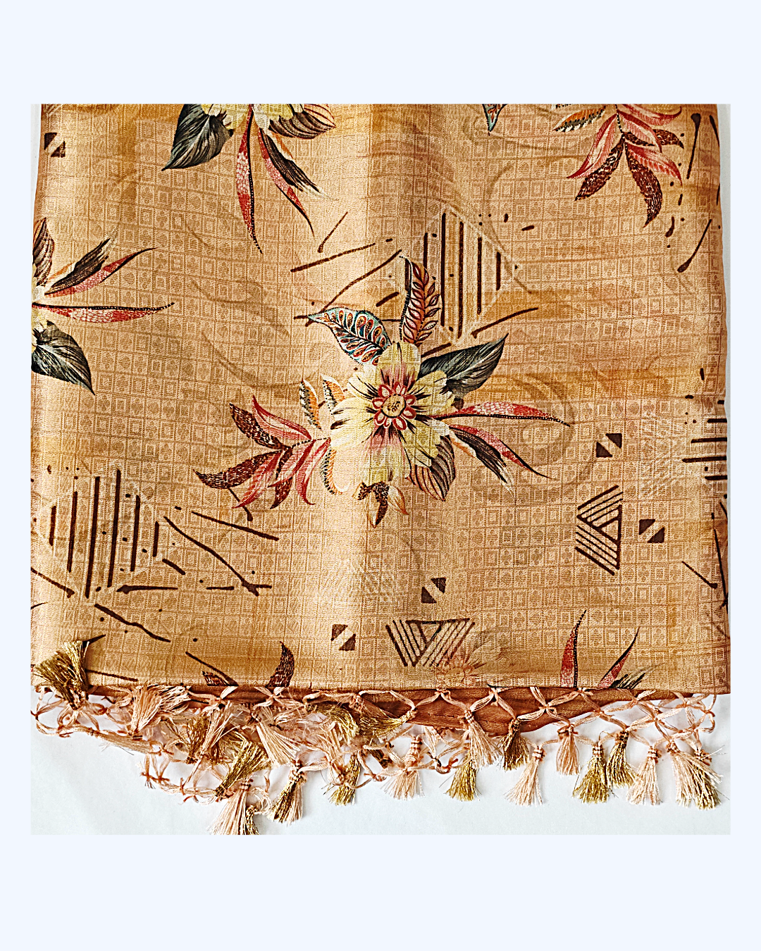 Designer Silk Saree – Gold and Copper with Yellow Floral Design