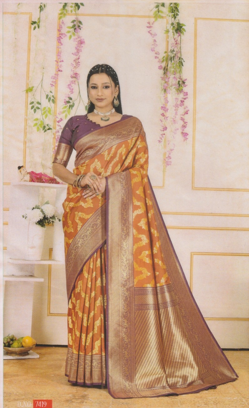 Traditional Fancy Saree – Burnt Orange with Gold Zari Border & Royal Purple Blouse